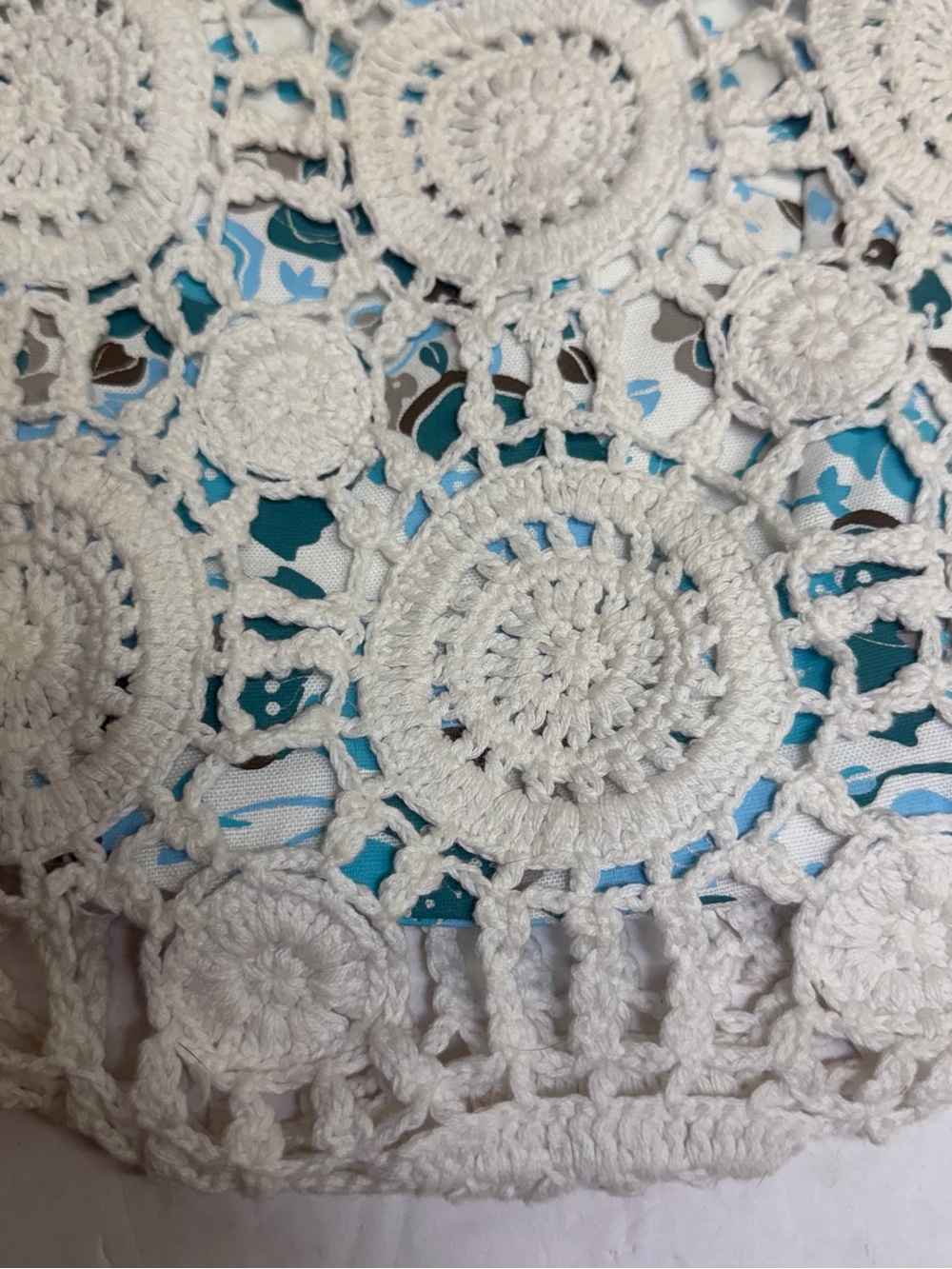 Lilu White Crochet Purse with teal and‎ gray floral underlay Bamboo Handles. - Picture 2 of 10